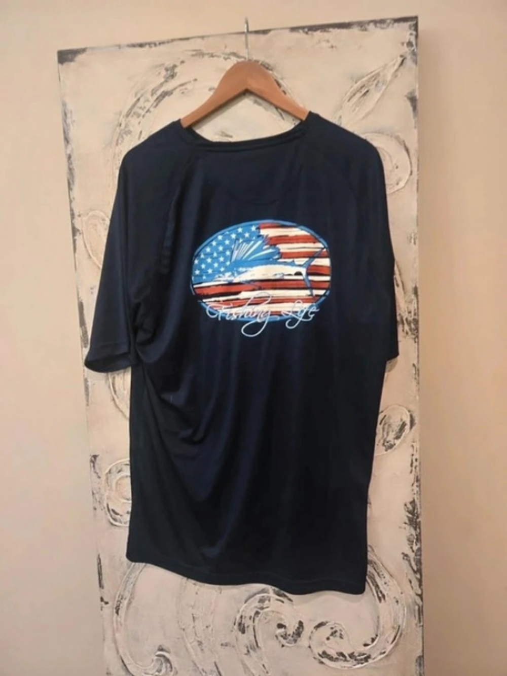 Fishing Life USA Flag Marlin Performance UV Sun Shirt Black & Blue XL